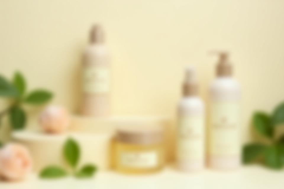 Close-up of natural skincare products with floral accents