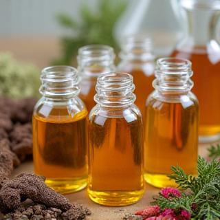 Herbal extracts in small glass bottles with plant samples