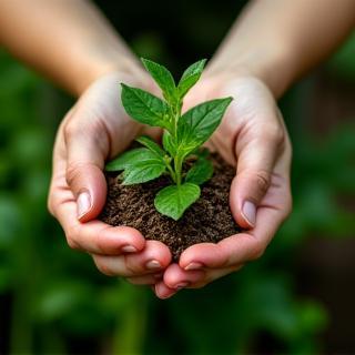 Hands holding natural plant ingredients in a garden