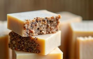 Stack of natural handmade soaps in different colors and textures
