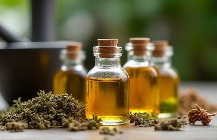 Bottles containing herbal infusions and dried herbs