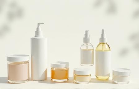 Glass bottles of organic skincare products on a light background