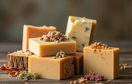 Assortment of colorful handmade soaps displayed on a wooden surface